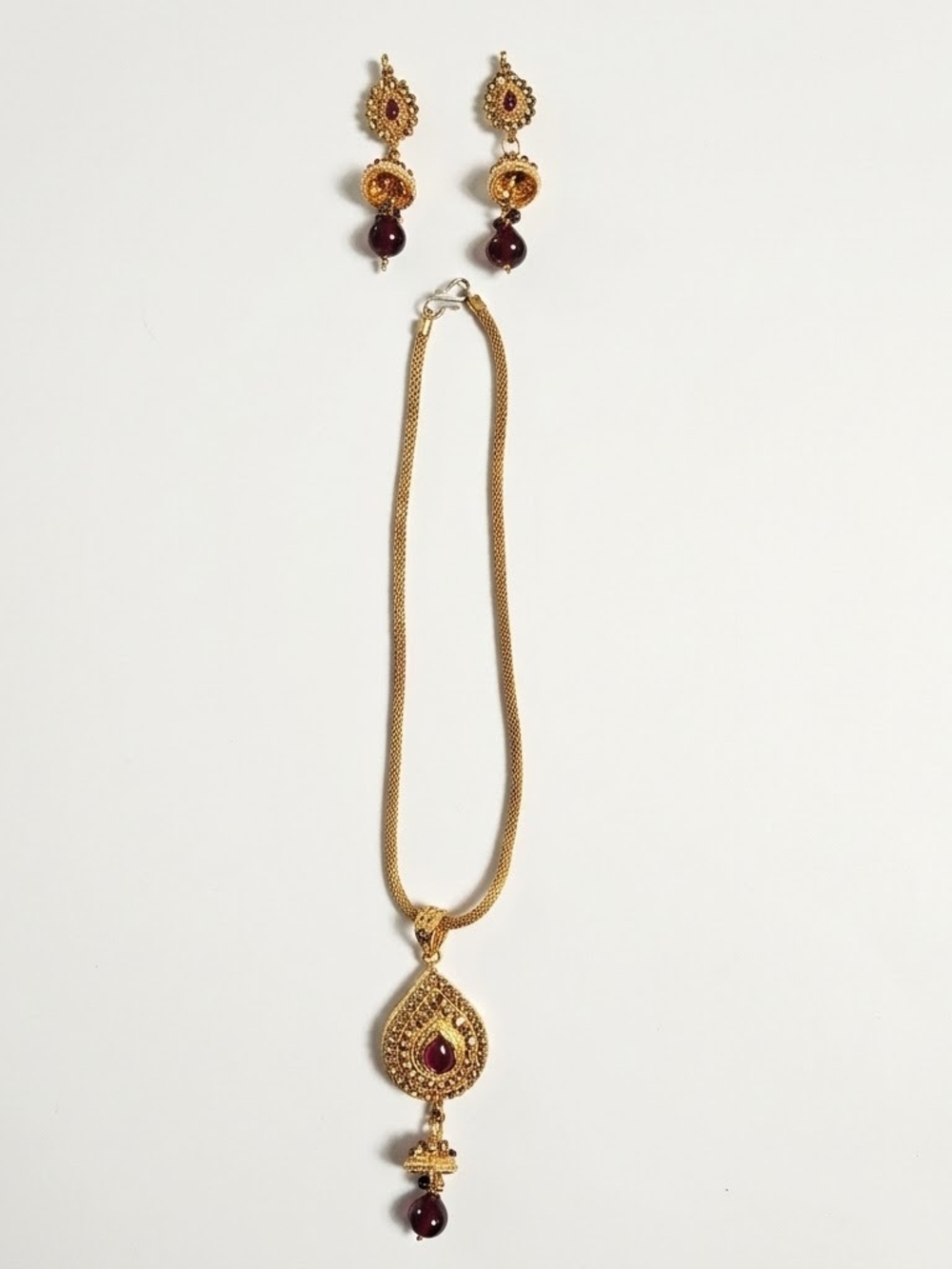 Bollywood Gold Tone Ruby Teardrop Jhumka Necklace & Earring Set Ethnic Boho